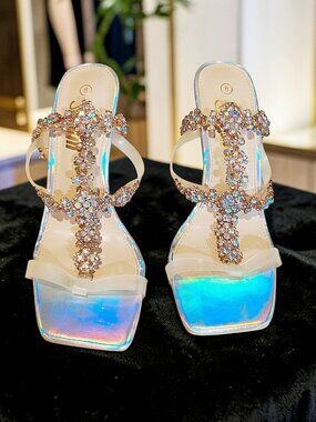 Sheln Holographic Rhinestone Heels Ankle Strap Sandals 4.5” Heel Size 8